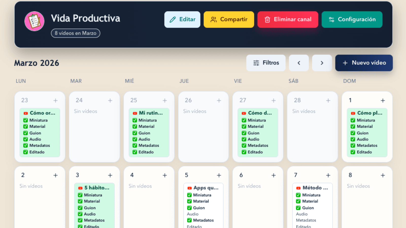 Calendario por canal