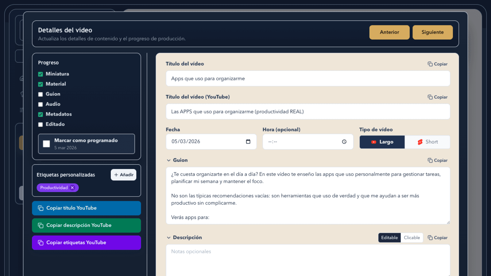 Detalle de vídeo y progreso
