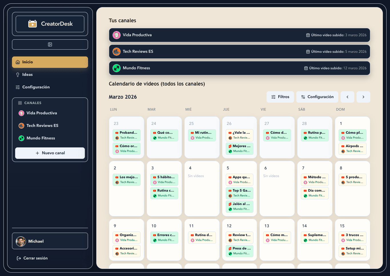 Vista previa del calendario y panel de CreatorDesk