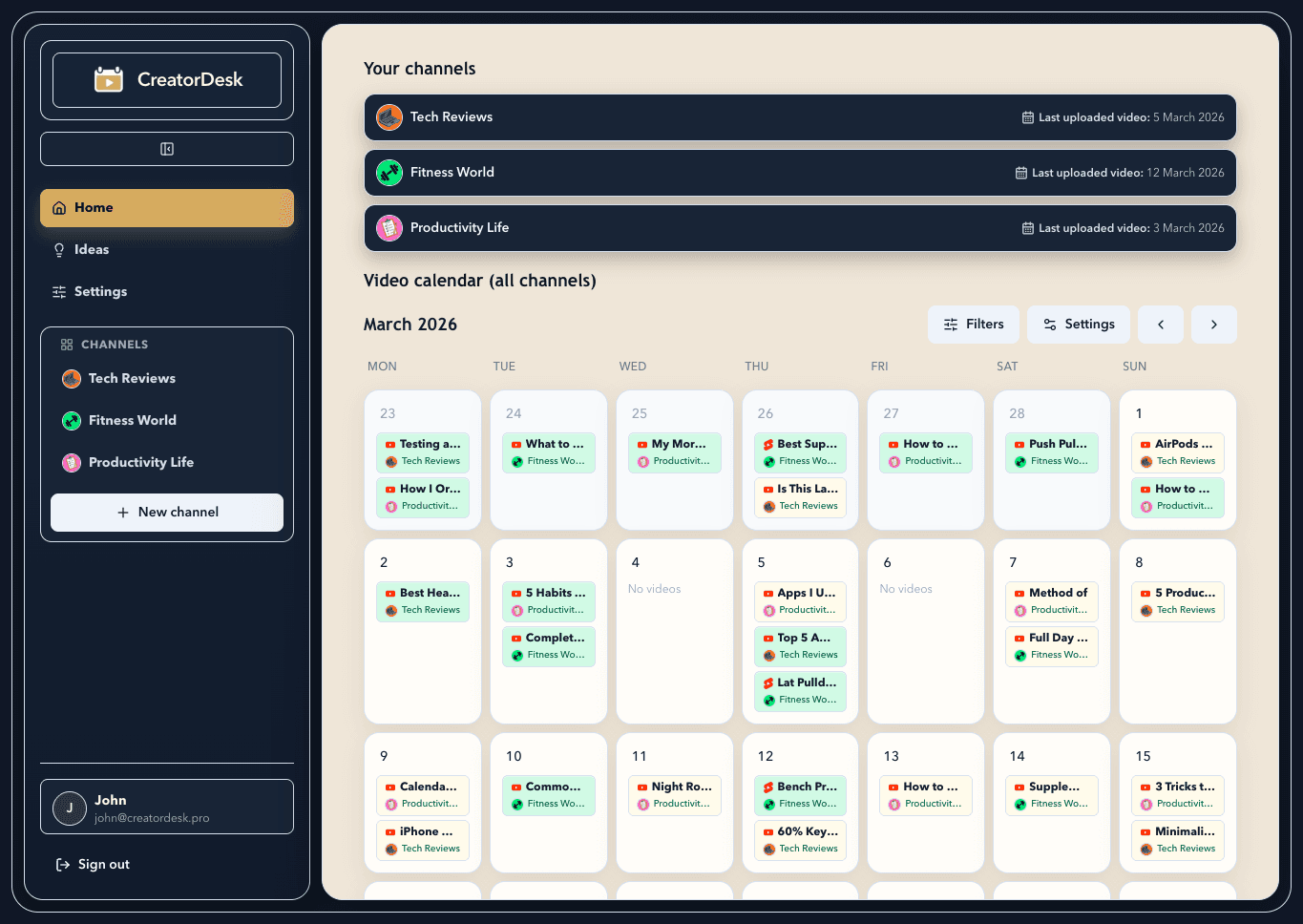 Preview of CreatorDesk dashboard and calendar