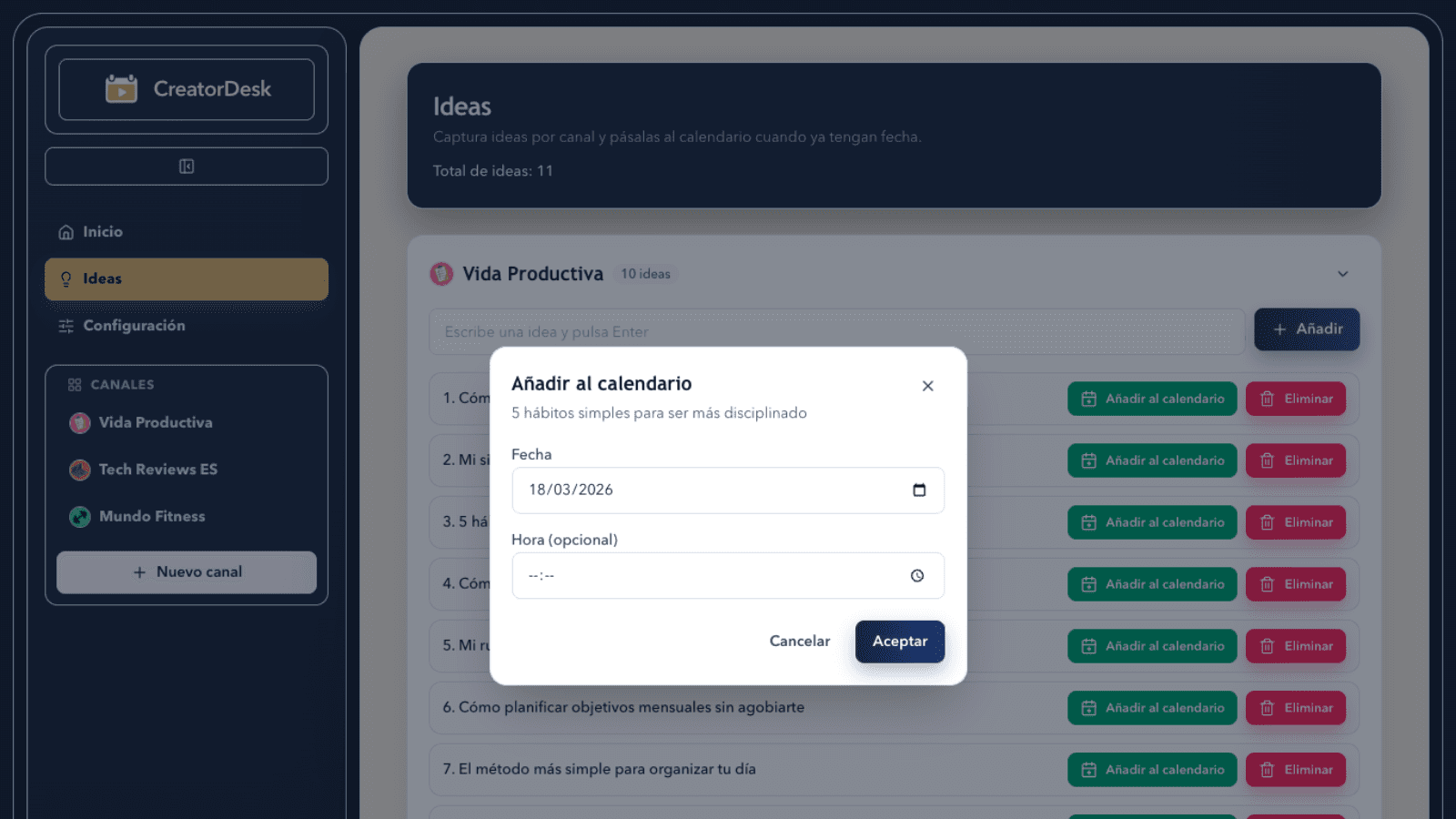 Ideas + convertir a calendario